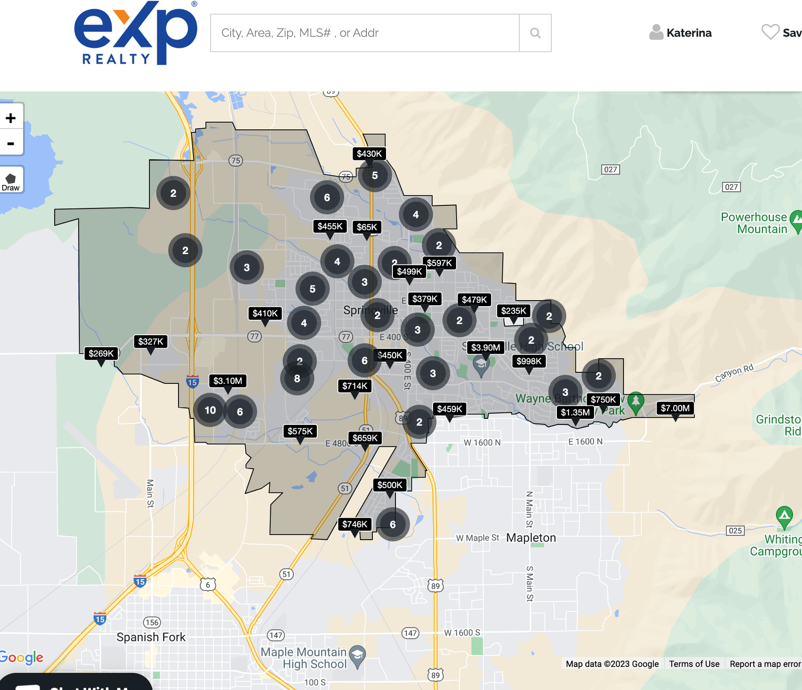 Map of homes for sale in September 2023 screenshot from our eXp Realty KV core website