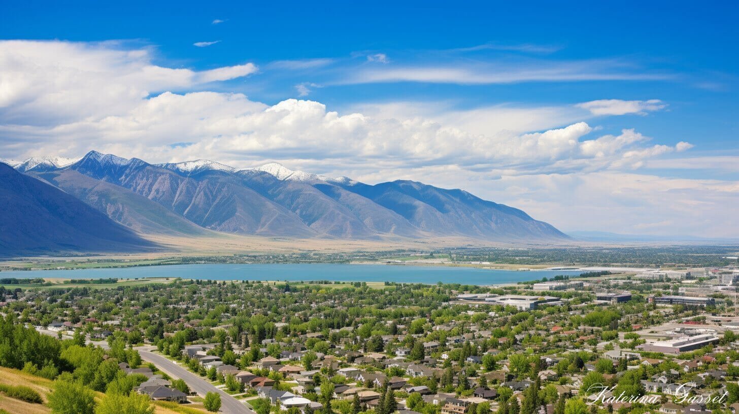 Photo showing a neighborhood in Orem Utah with vast Utah mountain ranges in the background. Image created by Katerina Gasset and Tristan Gasset, Mother and Son Real Estate Team in Utah, brokered by eXp Realty