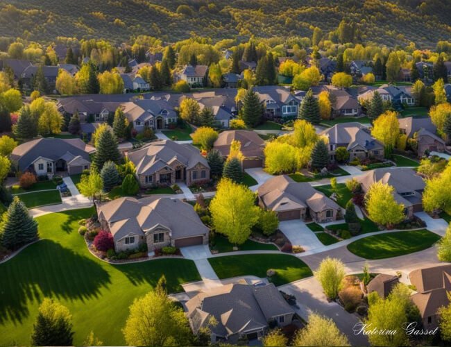 Bird's-eye view of a picturesque Payson Utah neighborhood with rows of beautiful homes for sale lined up. Photo by Katerina Gasset and Tristan Gasset, licensed Realtors in Utah brokered by eXp Realty