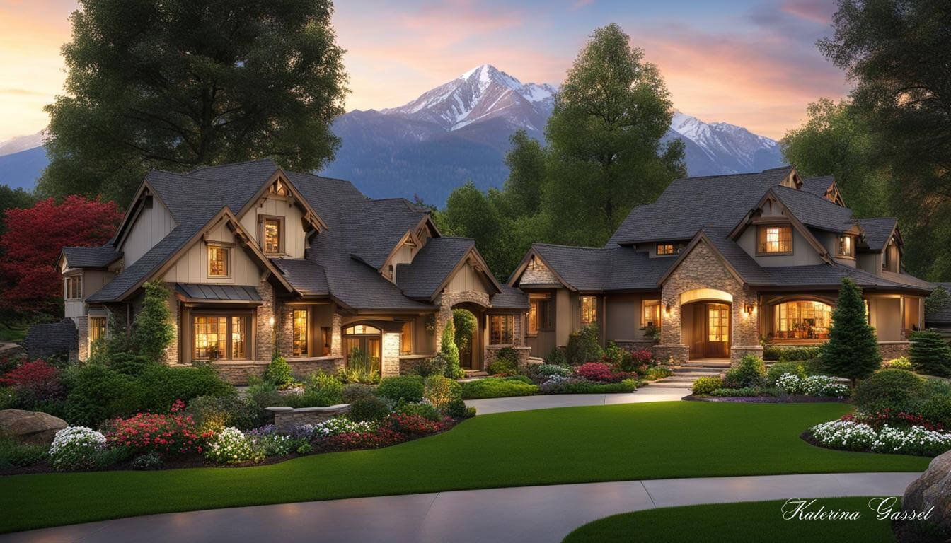 serene ambiance of Mapleton's Real Estate Market with a suburban landscape of beautiful homes, towering trees, and picturesque mountains in the background. Image by Katerina Gasset and Tristan Gasset of The Gasset Group Brokered by EXP realty 