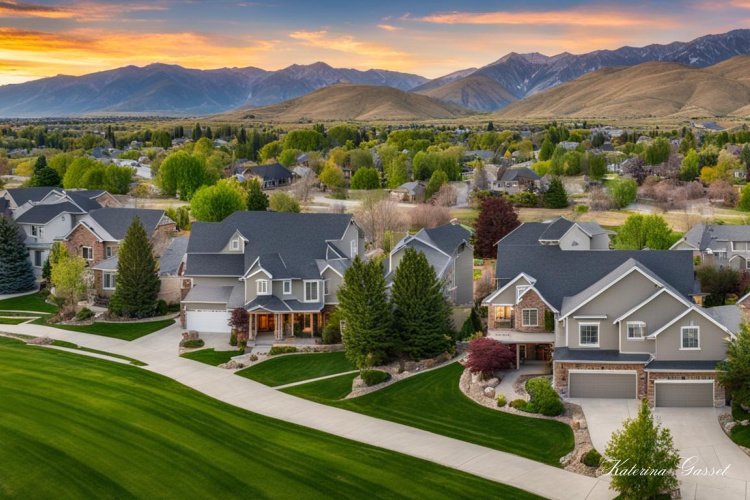 Photo of a neighborhood in Lindon Utah with a range of luxury homes and picturesque Utah mountains in the background. Photo created by Katerina Gasset and Tristan Gasset, licensed Realtors in Lindon Utah brokered by eXp Realty...
