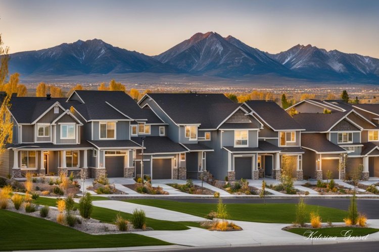 Image depicting the luxury homes in Lindon Utah with the Utah mountains in the background. Image created by Katerina Gasset and Tristan Gasset, licensed realtors in Utah County brokered by eXp Realty...