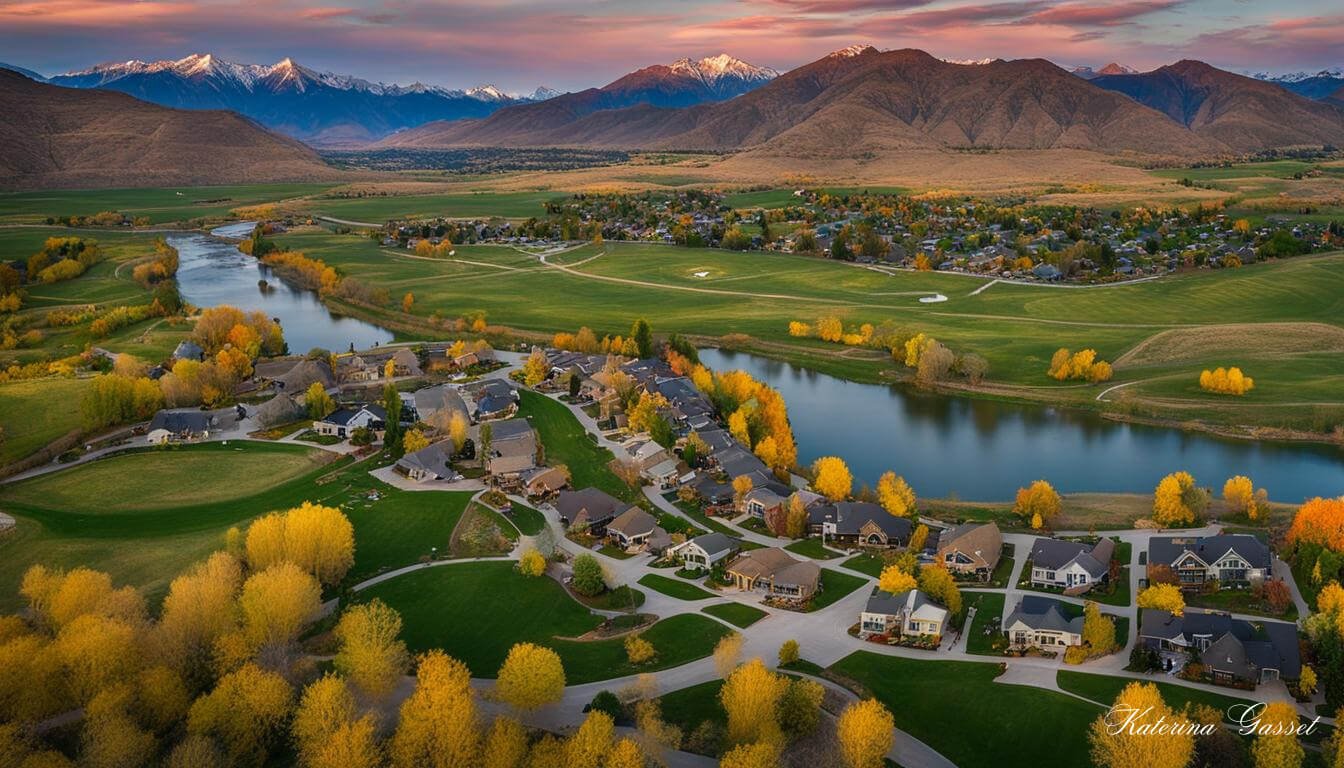 Aerial view of Mapleton, Utah showing the diverse range of homes available including cozy cottages, spacious ranch homes, and sleek modern houses. Image created by Katerina Gasset, REALTOR®, SFR, MRS, and Tristan Gasset, REALTOR®, PSA, MRS ~ Mother and Son Real Estate Team at The Gasset Group in Utah ~Brokered by eXp Realty