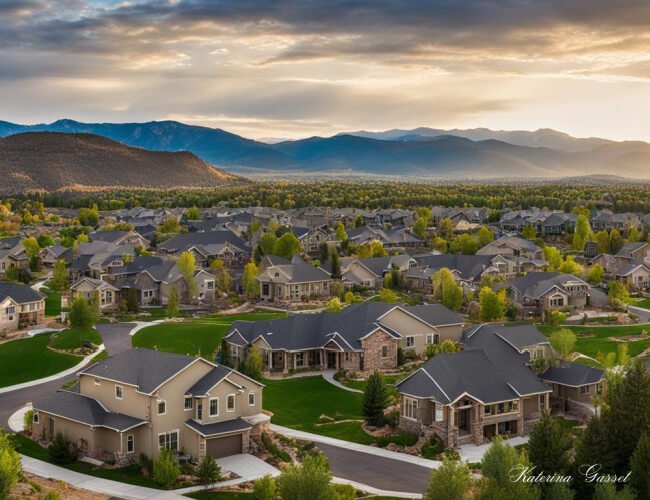Bird's eye view of a suburban neighborhood in Payson Utah with a variety of homes for sale. Some homes are newer and modern, while others have a more classic look with brick exteriors and mature trees in the yards. Image created by Katerina Gasset and Tristan Gasset, licensed Realtors at the Gasset Group Real Estate Team in Utah brokered by eXp Realty