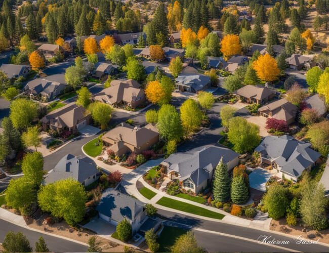 Bird's eye view of Payson Utah with clusters of new construction homes sprouting up throughout the town. These homes in Payson Utah are surrounded by green lawns and tall trees, with a mountain range visible in the background. Photo created by Katerina Gasset of the Gasset Group in Utah