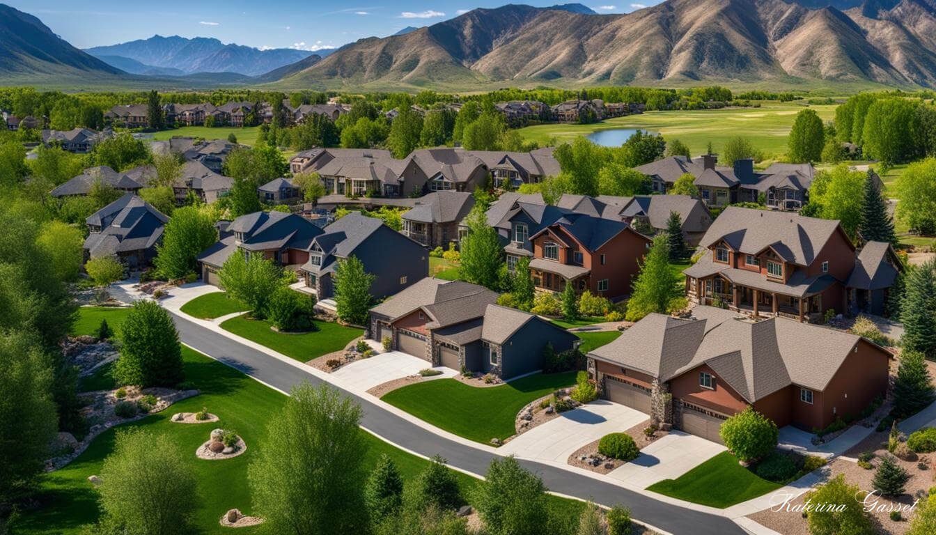 picturesque view of the Mapleton Real Estate Market with a cluster of upscale homes surrounded by lush greenery and a backdrop of scenic mountains