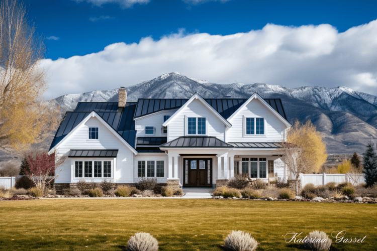 Photo of a luxury home in Spanish Fork Utah with a fully landscaped yard and Utah mountains in the background. Photo by Katerina Gasset and Tristan Gasset, Realtors at the Gasset Group in Utah brokered by eXp Realty