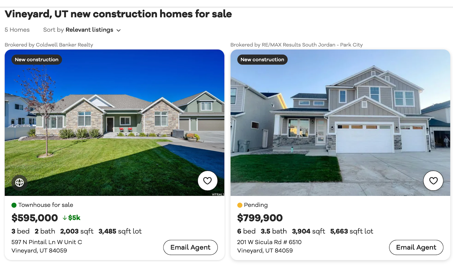 This is a screenshot of a sample of new construction homes for sale from our website home search page results, by Katerina Gasset and Tristan Gasset of The Gasset Group Brokered by EXP realty
