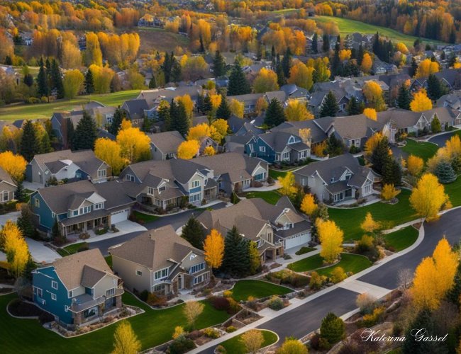 Aerial view of Highland Utah neighborhood featuring beautiful houses with landscaped yards and mountain views. Image by Katerina Gasset and Tristan Gasset of the Gasset Group, licensed Realtors in Utah
