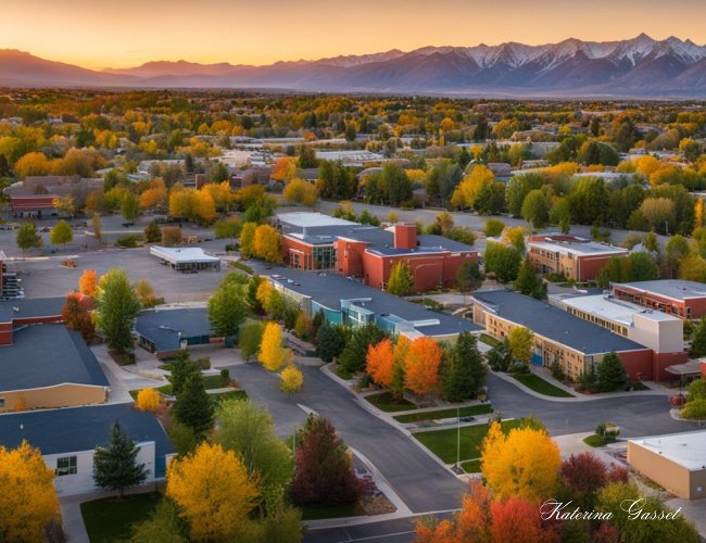 This is a street view photo of Pleasant View Utah showing schools and other amenities in the area, surrounded by autumn trees and Utah mountains. Photo by Katerina Gasset and Tristan Gasset, licensed realtors in Utah and authors of the Utah Valley Real Estate for Sale website...