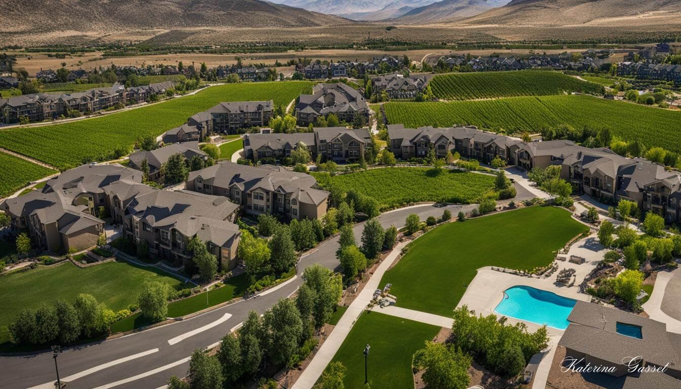 Bird's eye view of Vineyard Utah showing a community surrounded by greenery and the Utah mountains in the background. Photo by Katerina Gasset and Tristan Gasset, Mother and Son Real Estate Team in Utah brokered by eXp Realty...