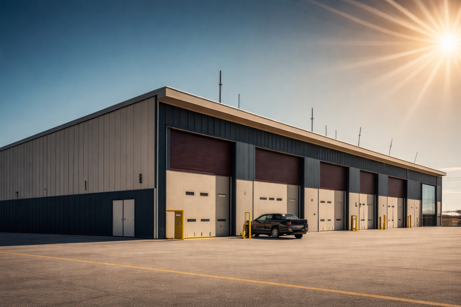 Large aircraft maintenance hangar with multiple service bays and a parked pickup truck on a wide concrete apron at Hill Air Force Base in Utah.