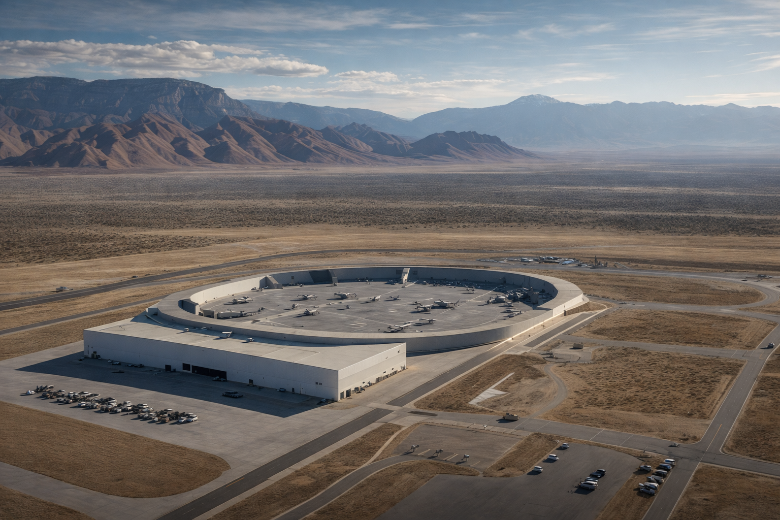 Aerial view of a large aircraft maintenance facility at Hill Air Force Base in Utah surrounded by desert landscape and distant mountain ranges.