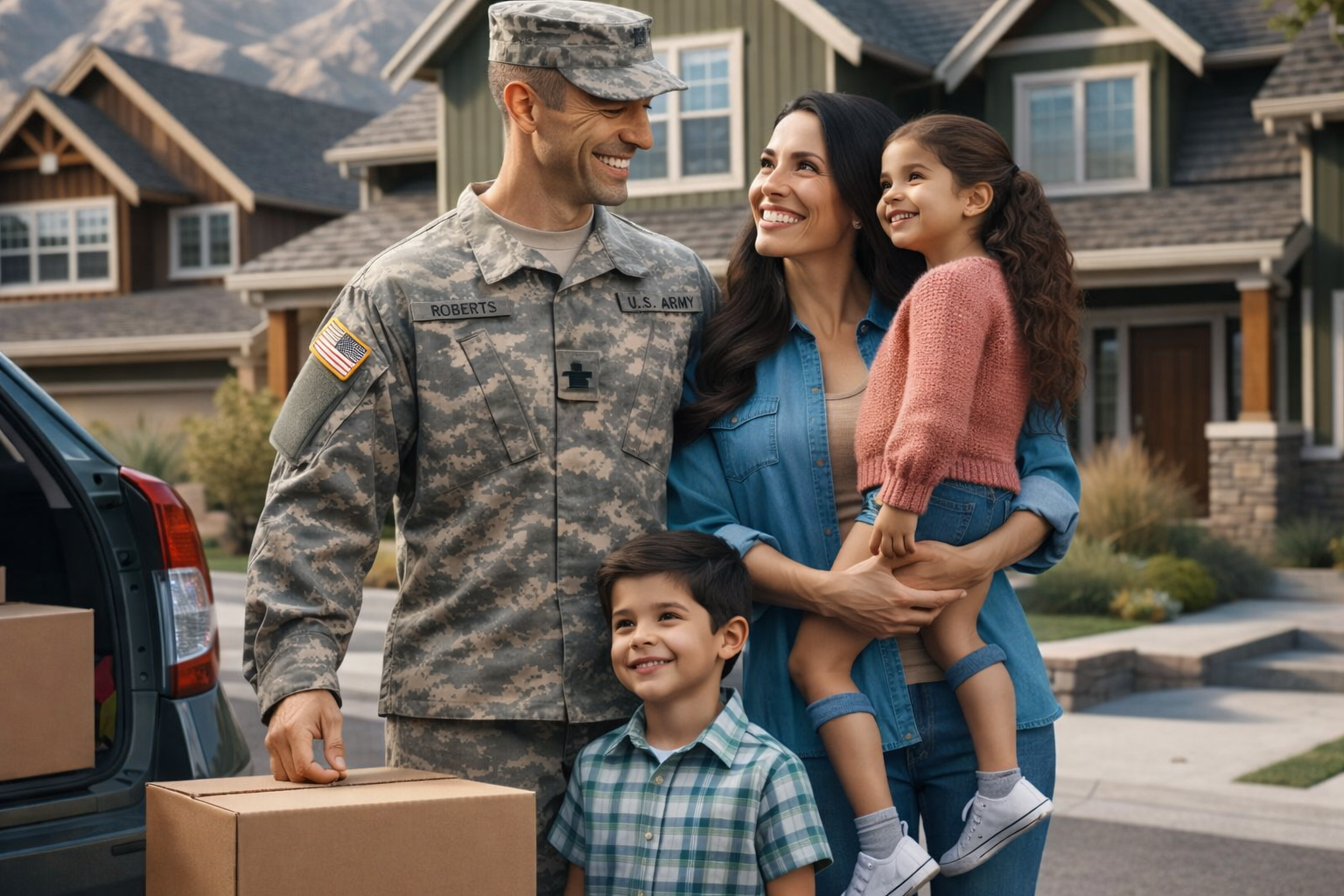 This is a photo of a military personnel and his family moving to their new home near Hill Air Force Base Utah…