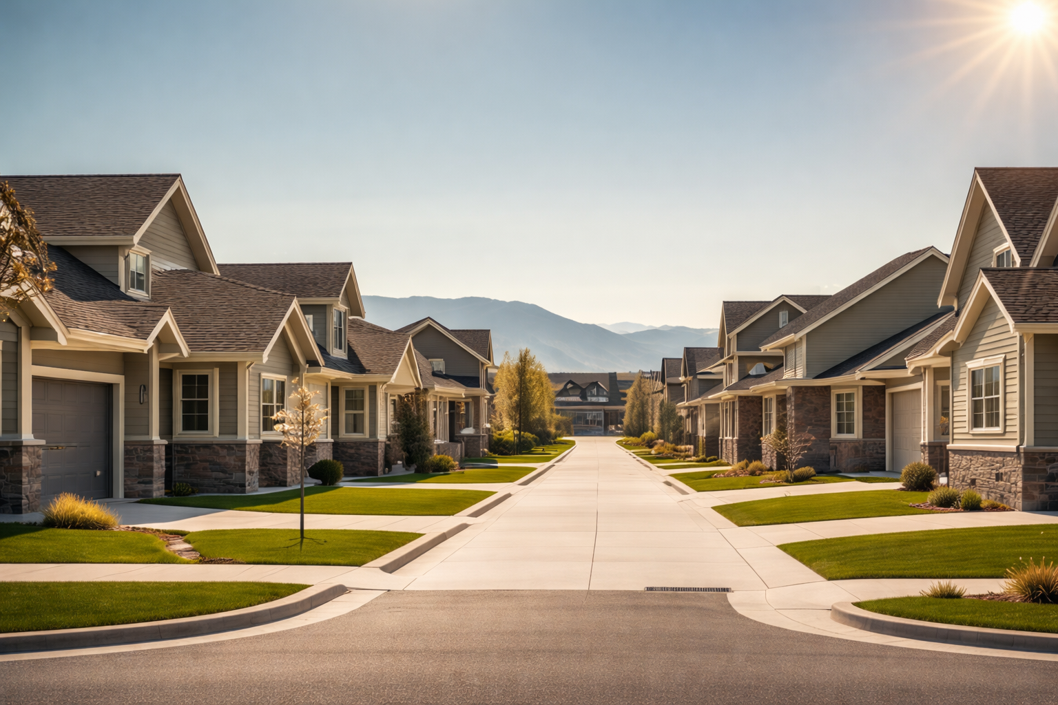 Quiet suburban neighborhood with modern homes and landscaped streets located near Hill Air Force Base with mountains visible in the background.